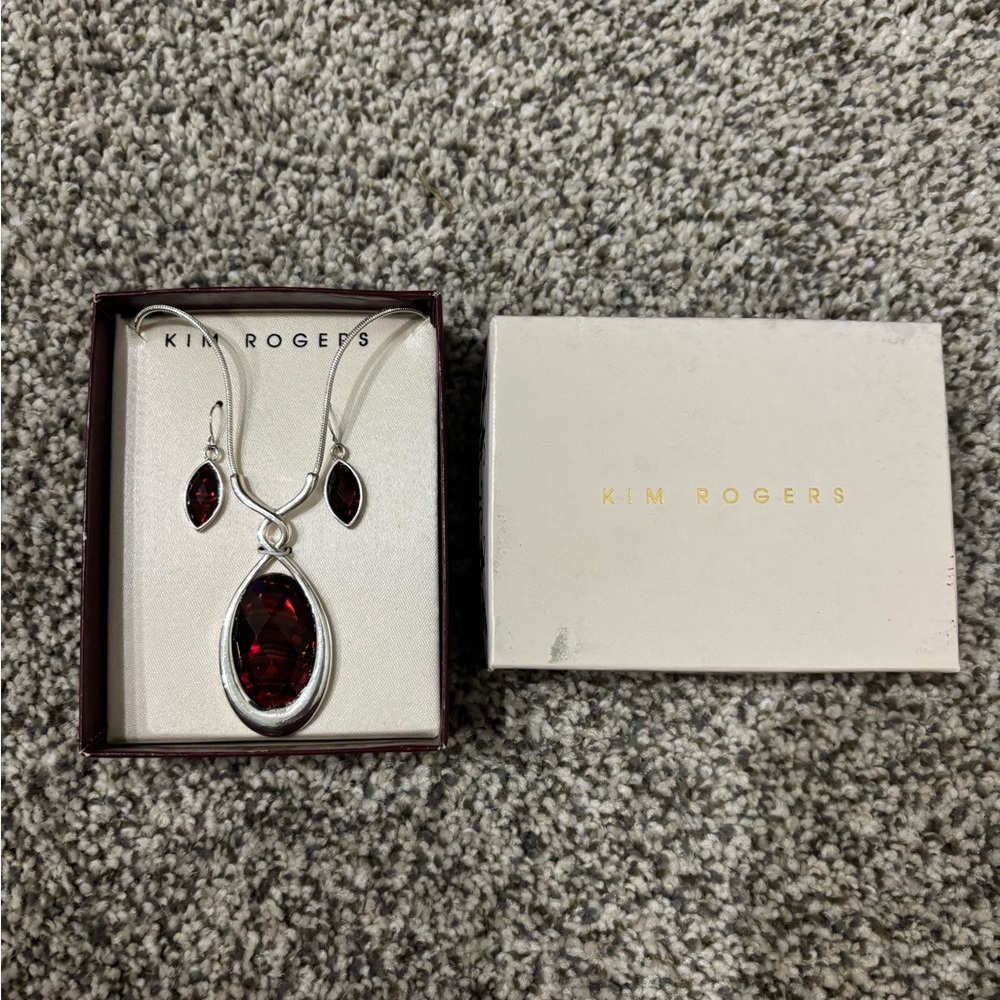 Kim Rogers Silver Necklace with Deep Red Pendant